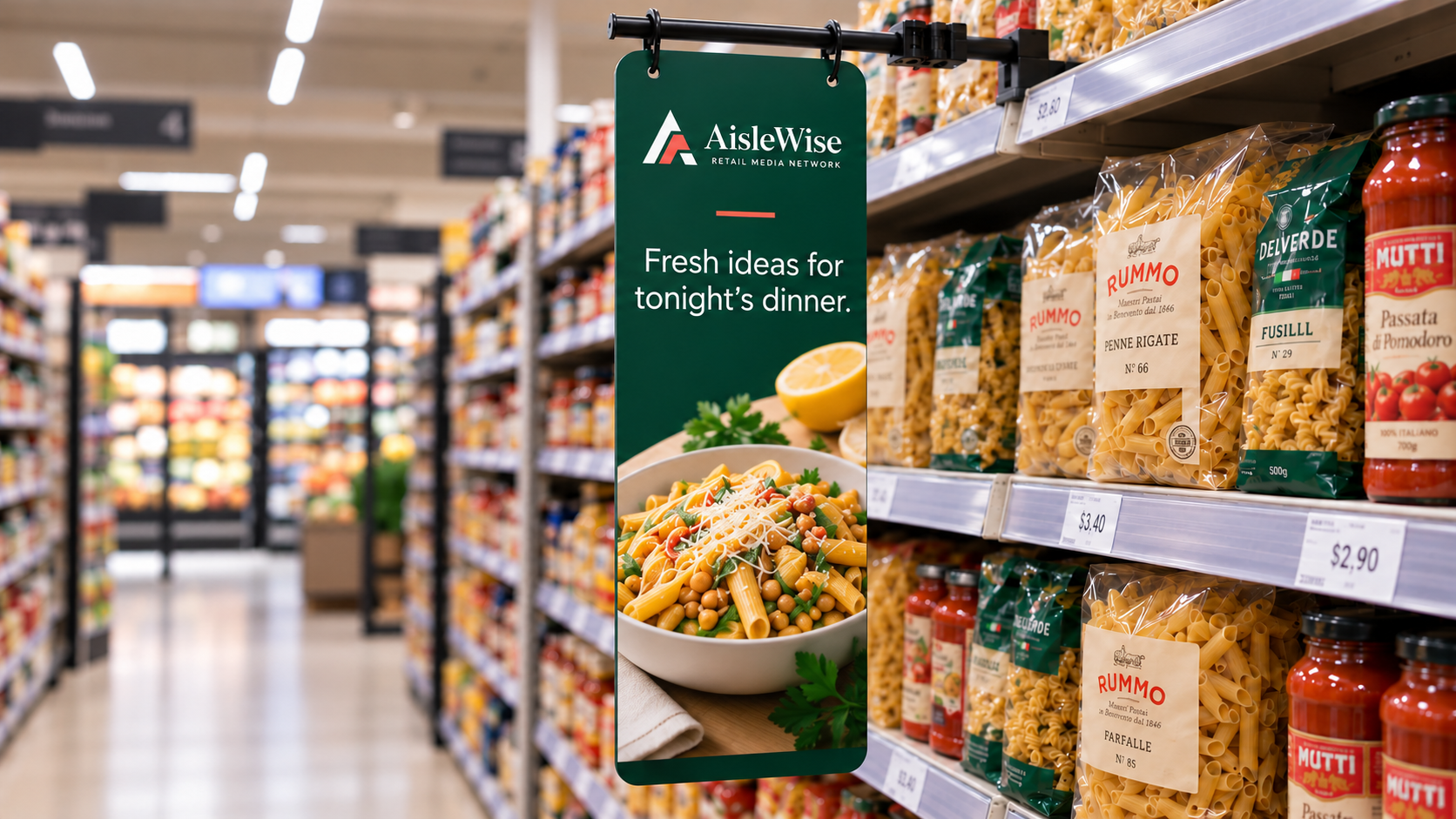Fin semi-rigid advertising panel projecting from a supermarket shelf edge