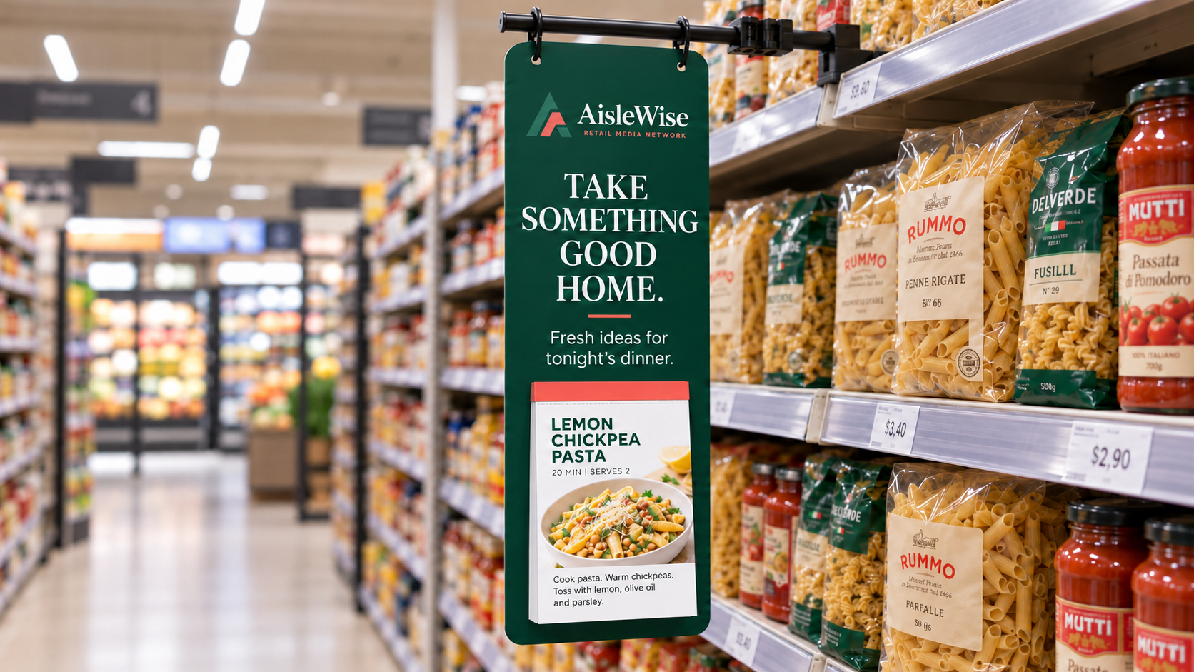 Panneau publicitaire FinTake en bord de rayon avec un bloc de fiches recettes détachables