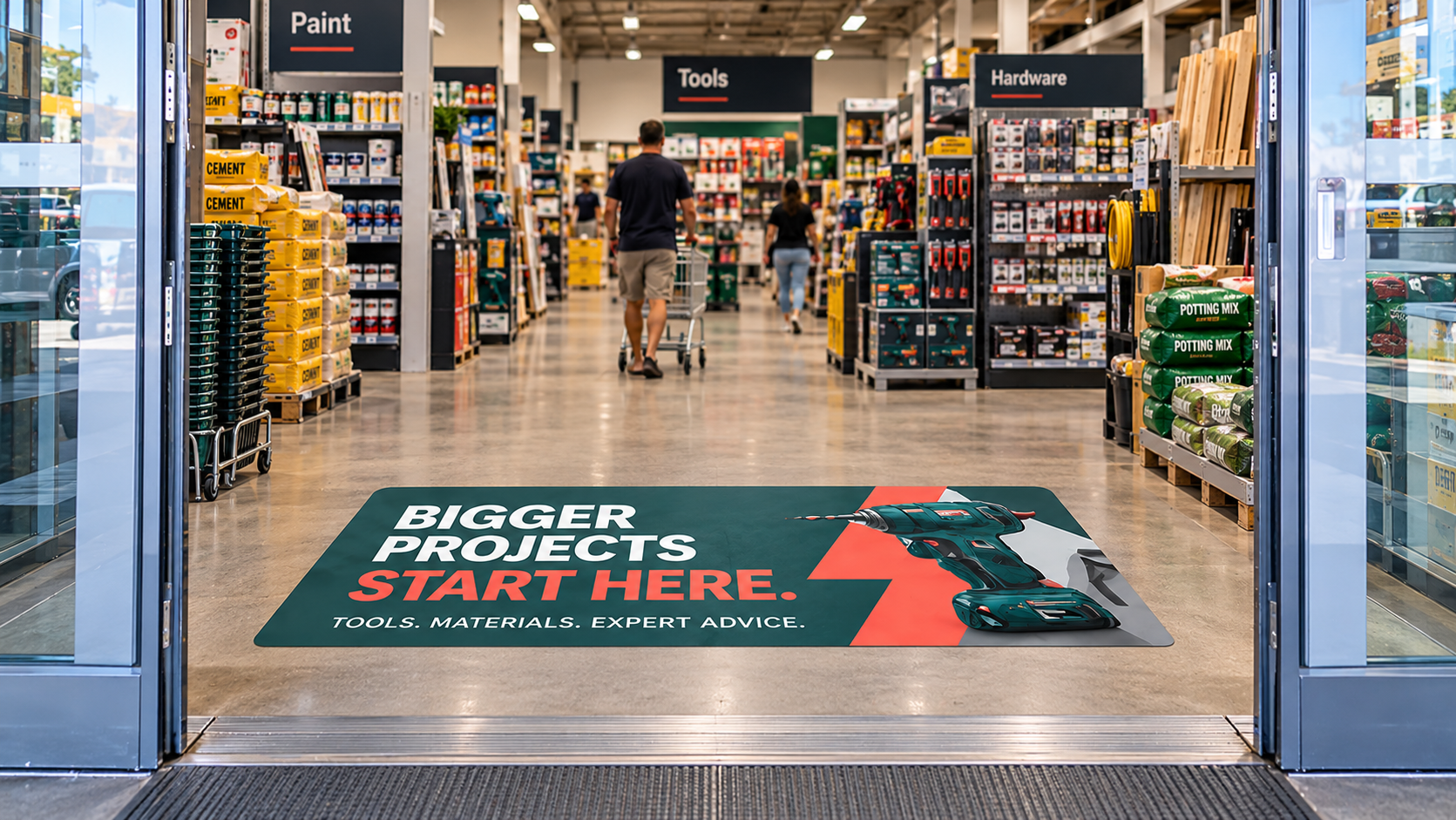 Conceptual AisleWise Path floor advertising placement in a hardware store